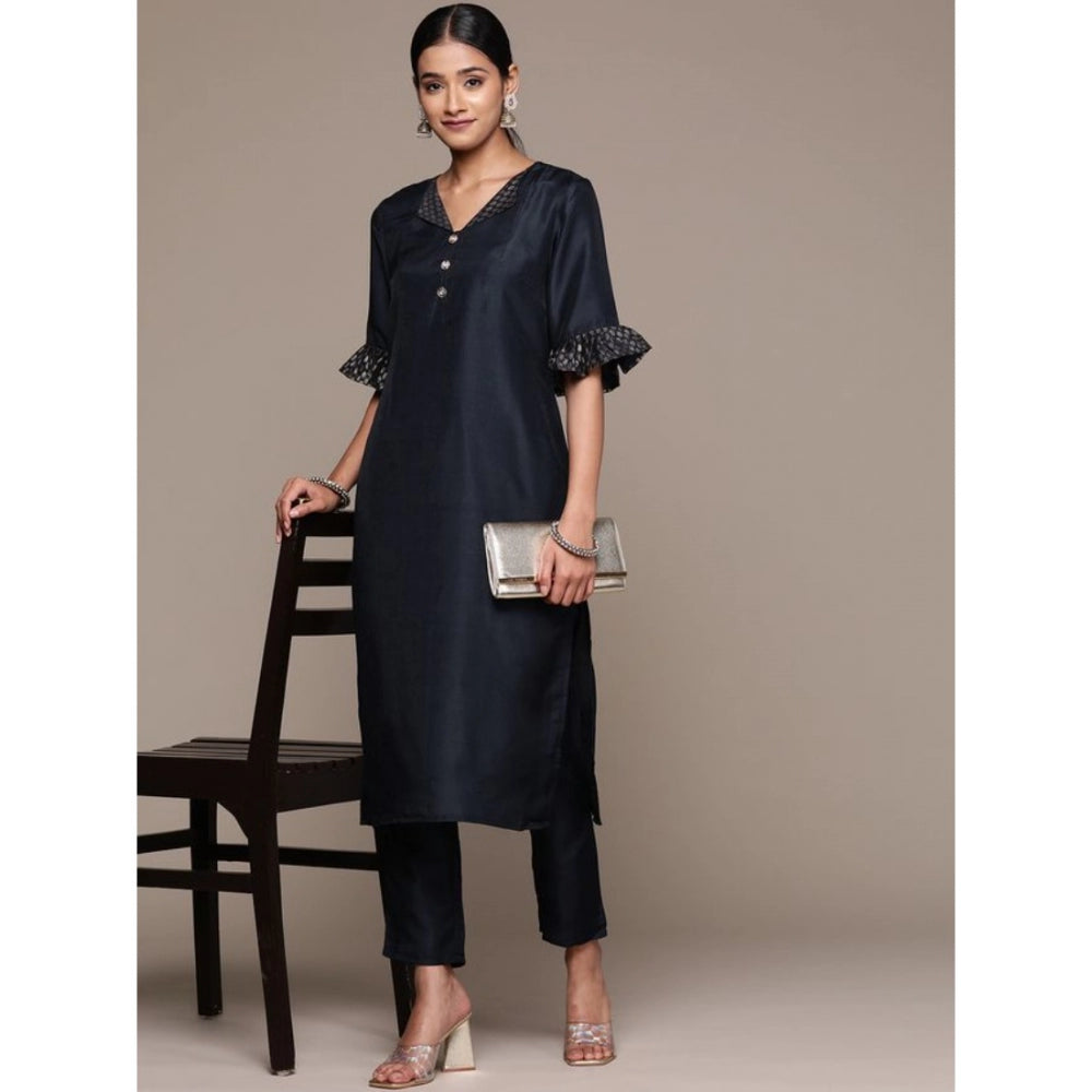 Women's Casual Half Sleeve Solid Chinon Kurti and Pant Set (Navy Blue) - GillKart