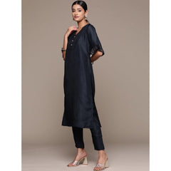 Women's Casual Half Sleeve Solid Chinon Kurti and Pant Set (Navy Blue) - GillKart