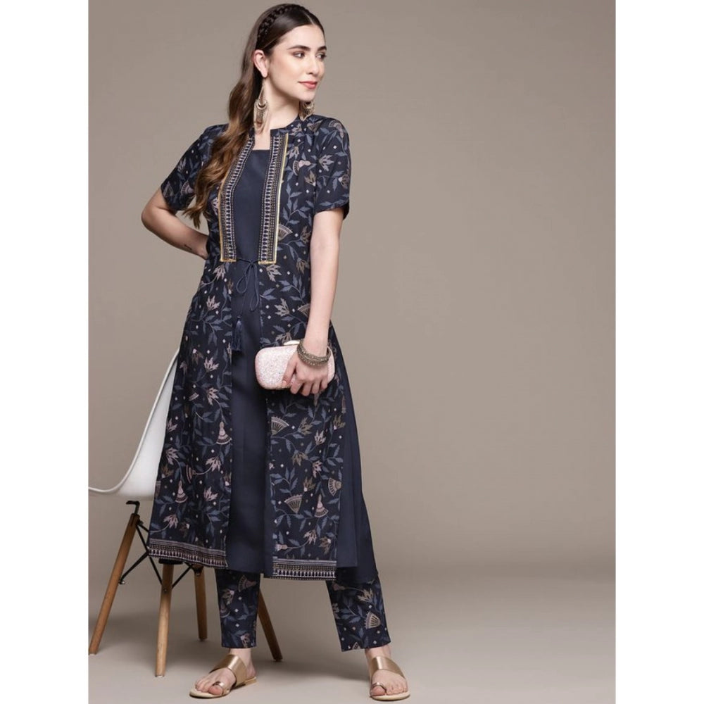 Women's Casual Half Sleeve Ethnic Motifs Crepe Kurti and Pant Set (Navy Blue) - GillKart