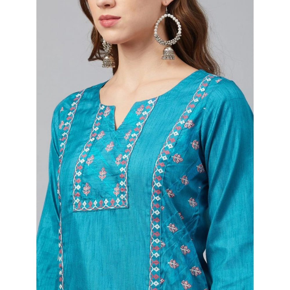 Women's Casual 3-4Th Sleeve Floral Printed Poly Silk Kurti and Pant Set (Blue) - GillKart