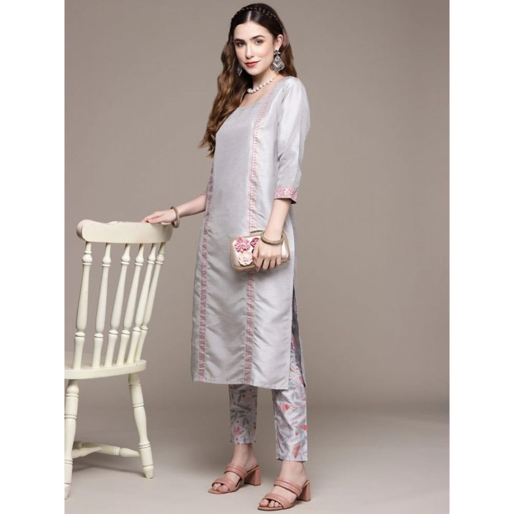 Women's Casual 3-4Th Sleeve Geometric Poly Silk Kurti and Pant Set (Light Grey) - GillKart