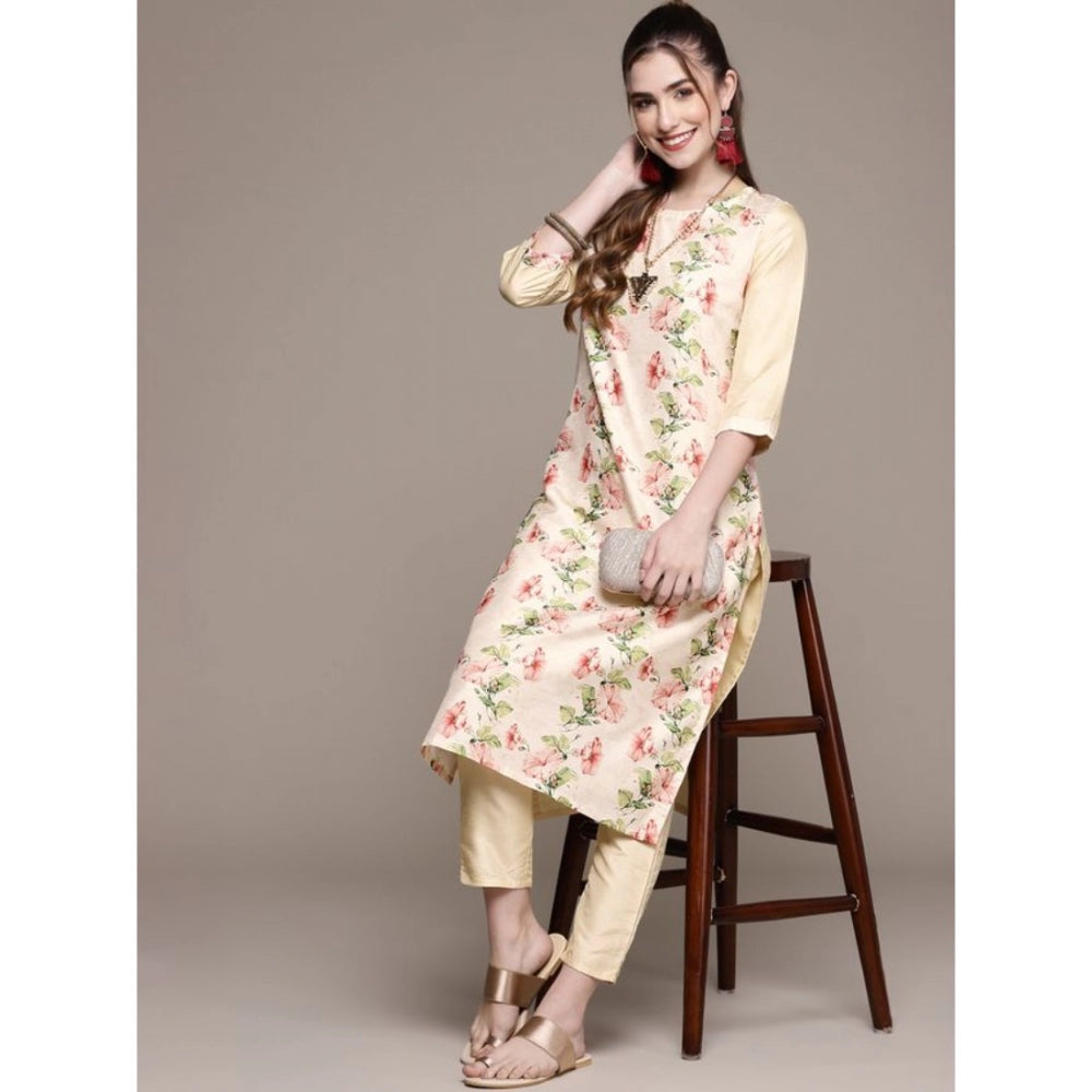 Women's Casual 3-4Th Sleeve Floral Printed Poly Silk Kurti and Pant Set (Cream) - GillKart