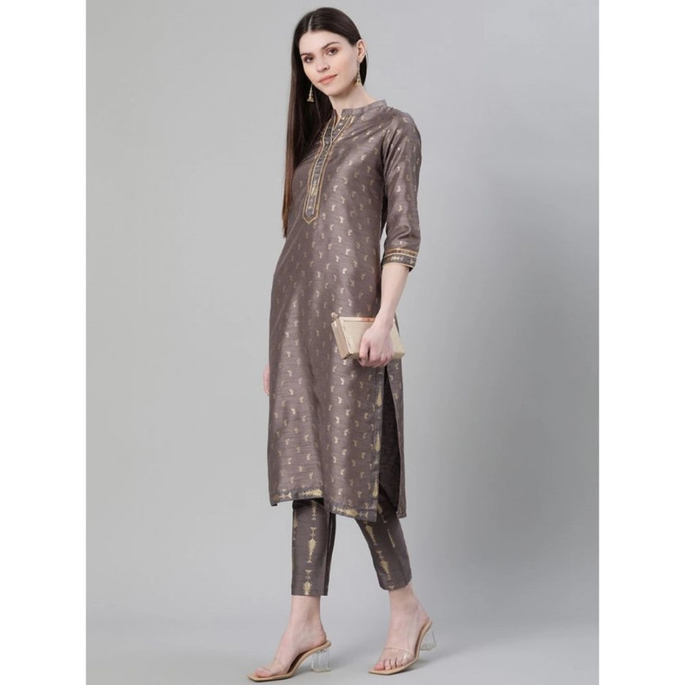 Women's Casual 3-4Th Sleeve Ethnic Motifs Poly Silk Kurti And Pant Set (Grey) - GillKart