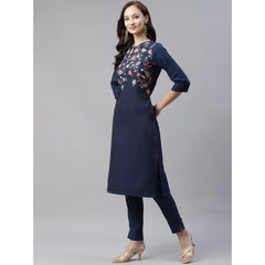 Women's Casual 3-4Th Sleeve Floral Printed Rayon Kurti And Pant Set (Navy Blue) - GillKart