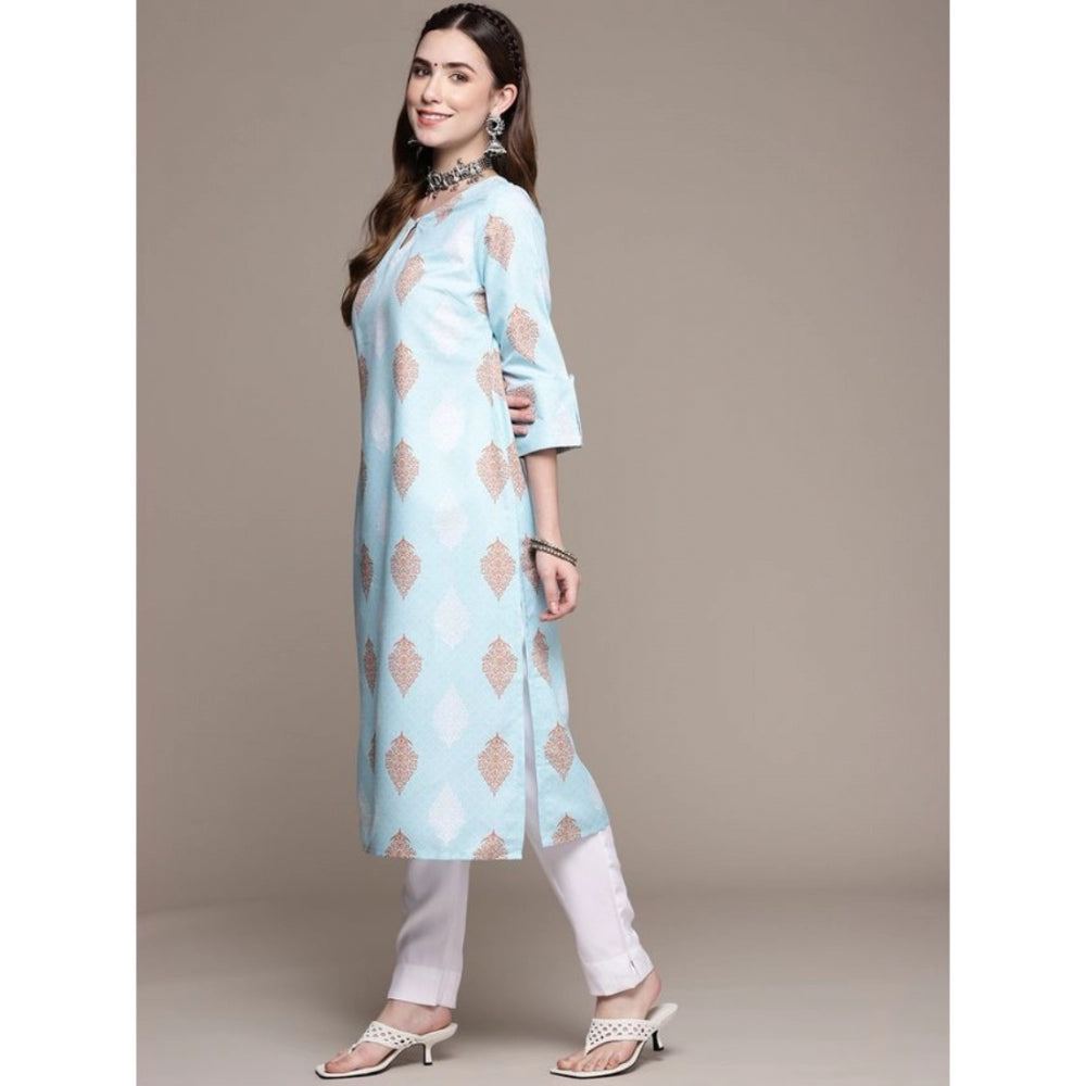 Women's Casual 3-4Th Sleeve Ethnic Motifs Rayon Kurti And Pant Set (Sky Blue) - GillKart