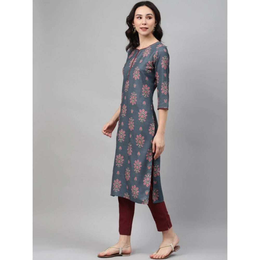 Women's Casual 3-4Th Sleeve Floral Printed Rayon Kurti And Pant Set (Grey) - GillKart