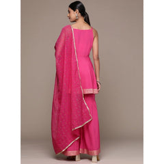 Women's Casual Sleeveless Ethnic Motifs Crepe Kurti Sharara And Dupatta Set (Pink) - GillKart