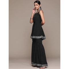 Women's Casual Sleeveless Ethnic Motifs Crepe Kurti Sharara And Dupatta Set (Black) - GillKart