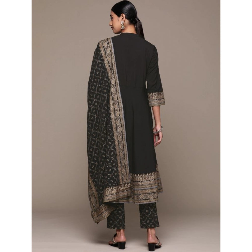 Women's Casual 3-4Th Sleeve Ethnic Motifs Crepe Kurti Pant And Dupatta Set (Black) - GillKart