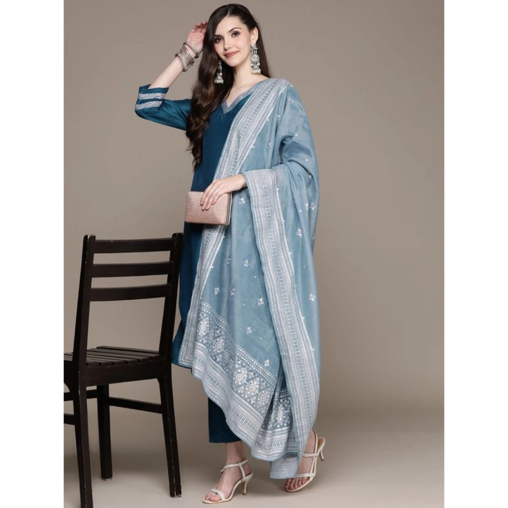 Women's Casual 3-4Th Sleeve Mughal Stripe Design Chinon Kurti Pant And Dupatta Set (Teal Blue) - GillKart