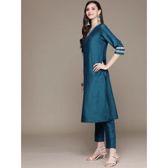 Women's Casual 3-4Th Sleeve Mughal Stripe Design Chinon Kurti Pant And Dupatta Set (Teal Blue) - GillKart