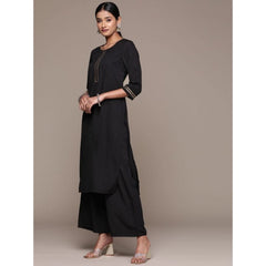 Women's Casual 3-4Th Sleeve Ethnic Motifs Crepe Kurti Palazzo And Dupatta Set (Black) - GillKart