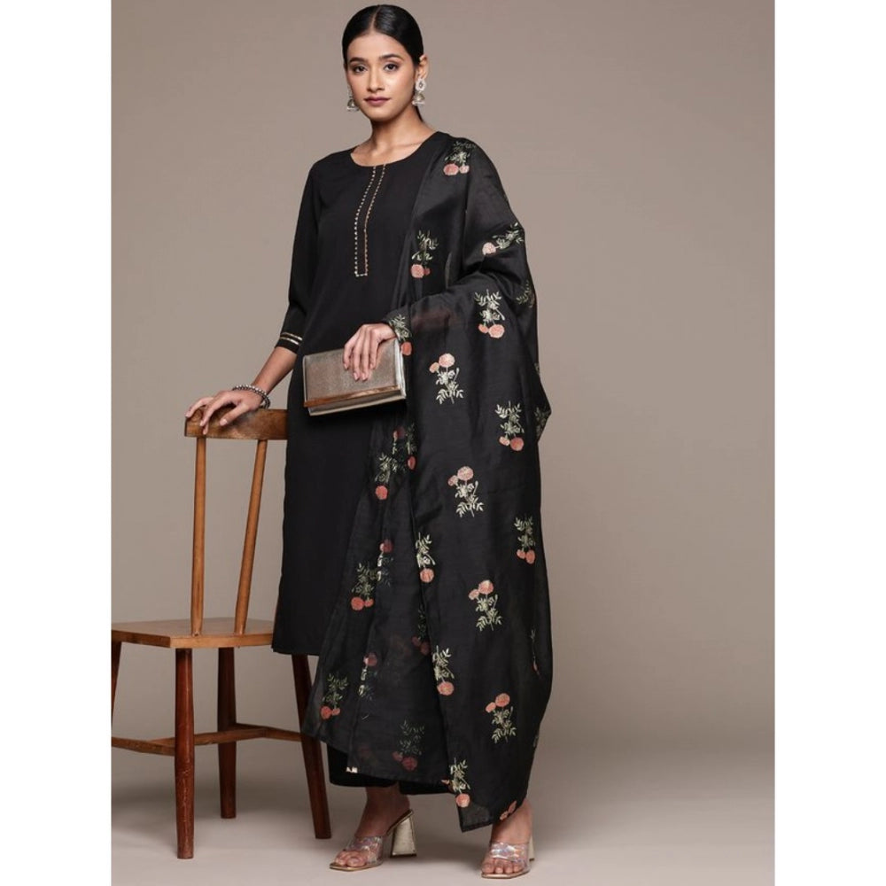 Women's Casual 3-4Th Sleeve Ethnic Motifs Crepe Kurti Palazzo And Dupatta Set (Black) - GillKart