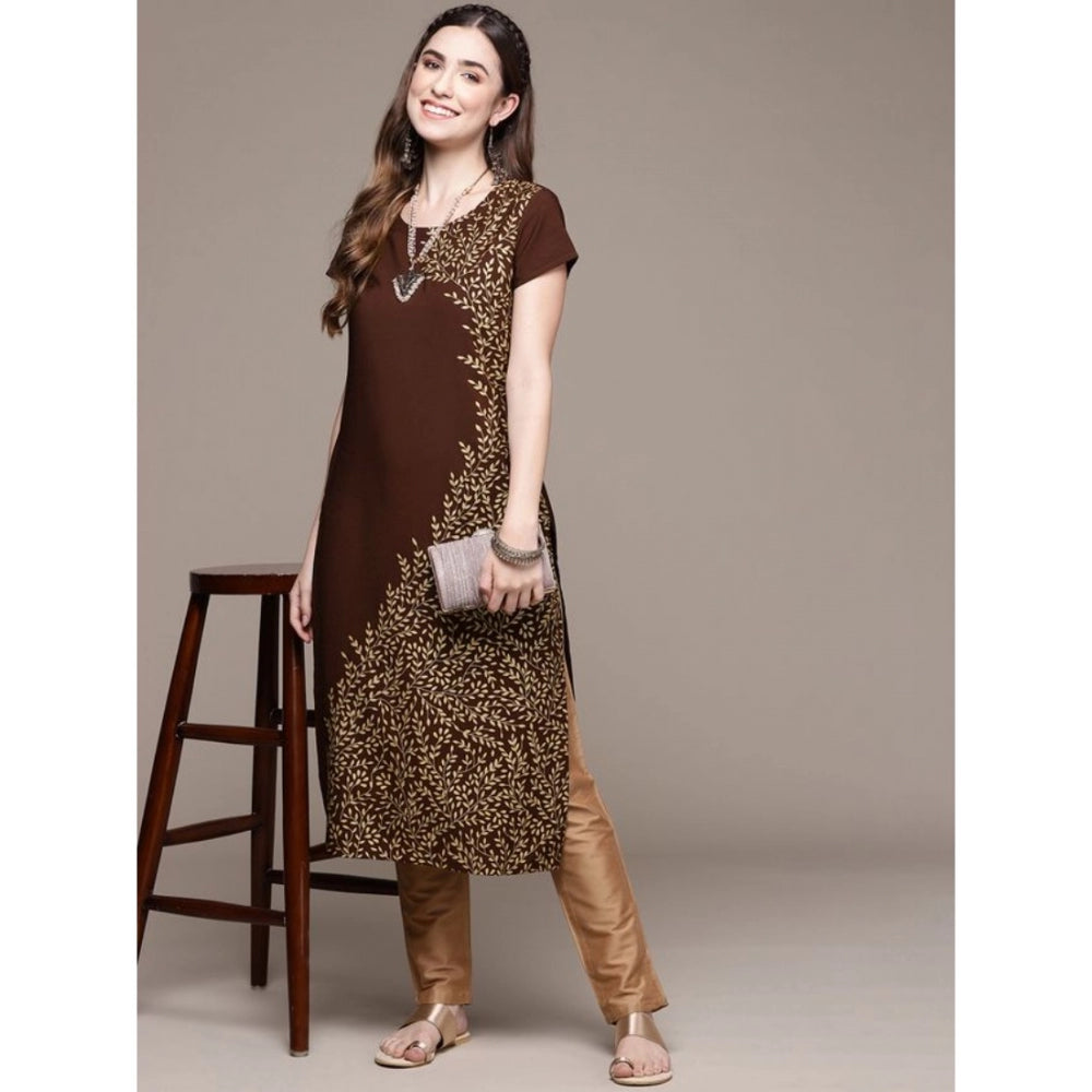 Women's Casual Short Sleeves Floral Printed Crepe Kurti (Brown) - GillKart