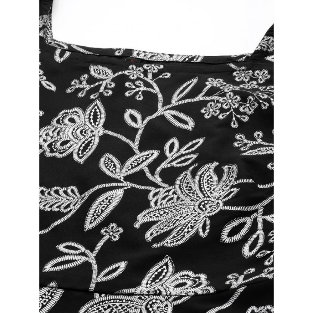 Women's Casual Sleeveless Floral Printed Crepe Ethnic Dress (Black) - GillKart