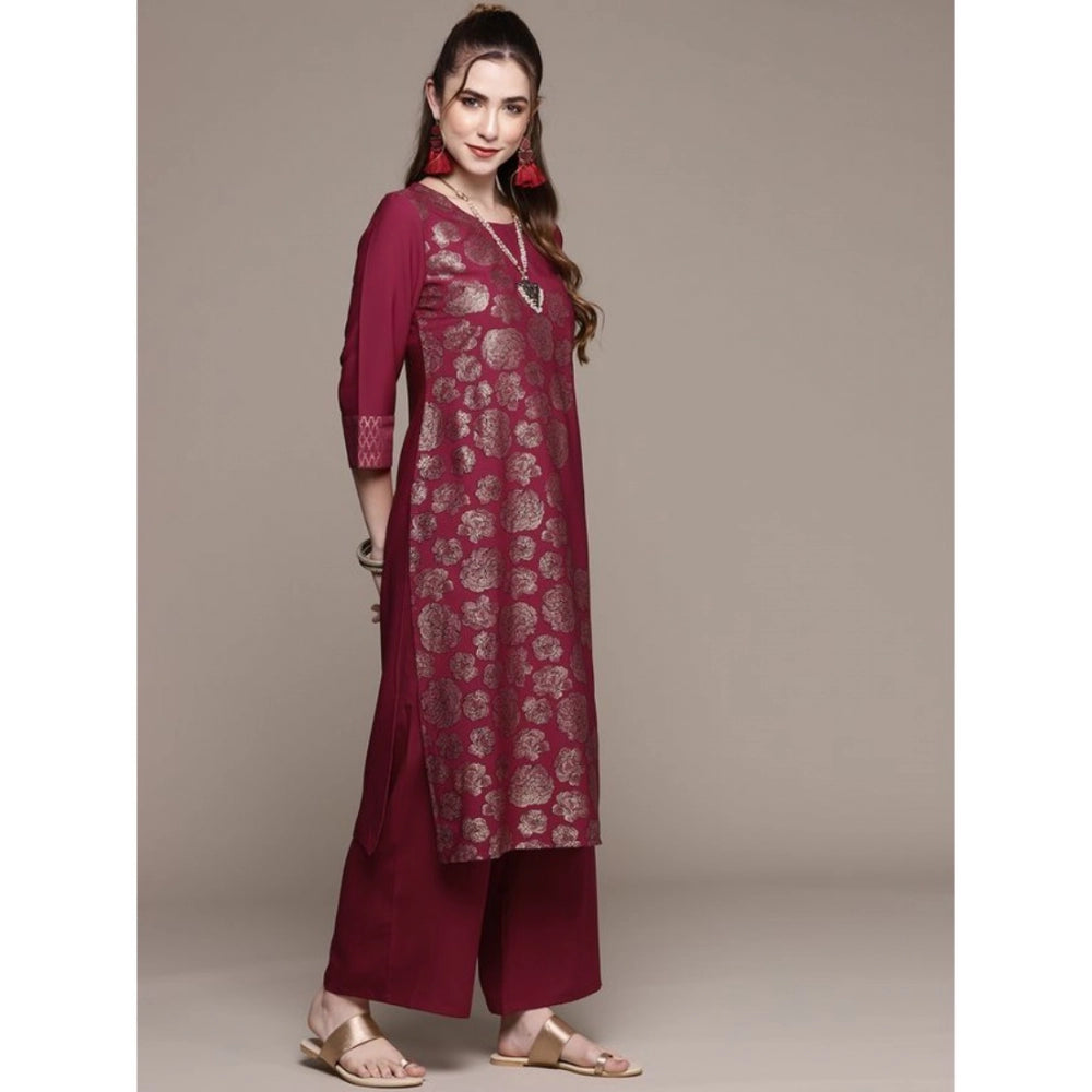 Women's Casual 3-4Th Sleeve Floral Printed Crepe Kurti And Palazzo Set (Dark Pink) - GillKart