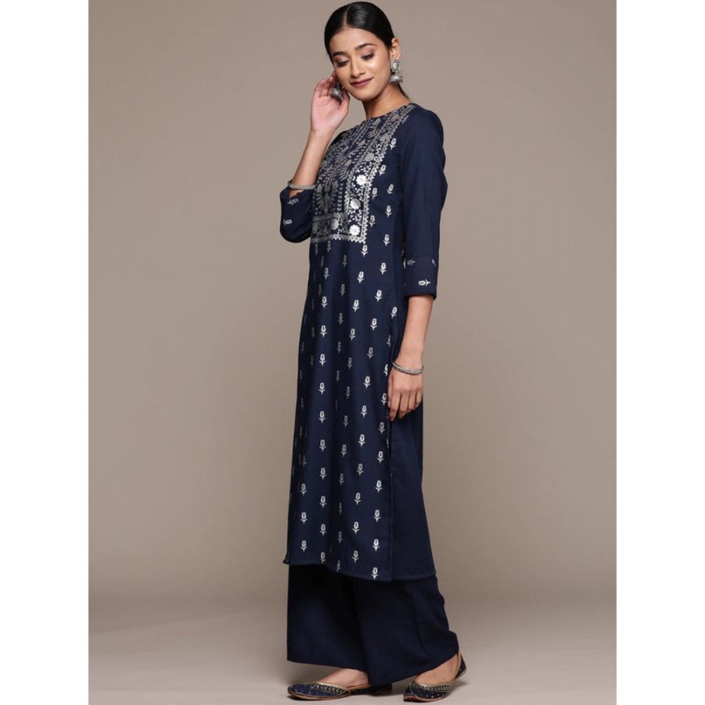 Women's Casual 3-4Th Sleeve Floral Printed Rayon Kurti and Palazzo Set (Navy Blue) - GillKart