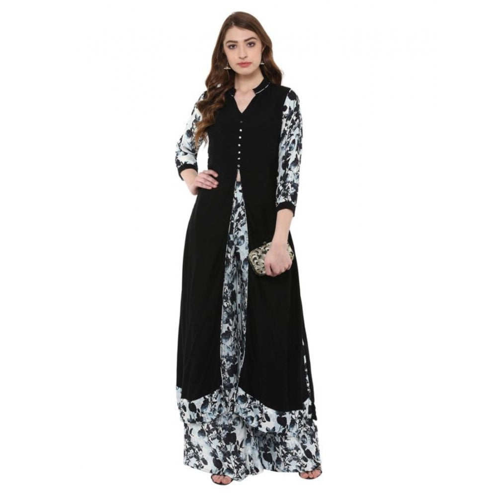 Women's Casual 3-4Th Sleeve Floral Printed Rayon Kurti and Palazzo Set (Black) - GillKart