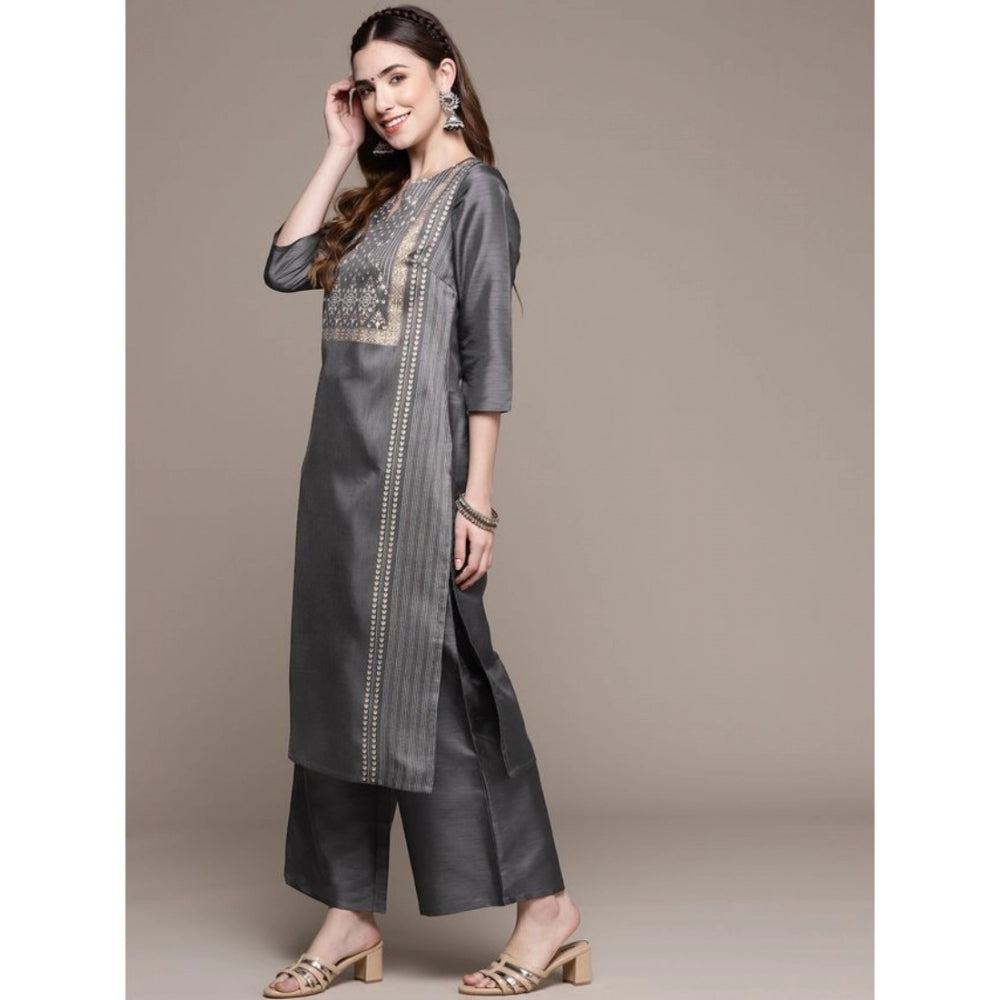 Women's Casual 3-4Th Sleeve Ethnic Motifs Poly Silk Kurti And Palazzo Set (Dark Grey) - GillKart