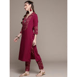 Women's Casual 3-4Th Sleeve Geometric Crepe Kurti and Pant Set (Maroon) - GillKart