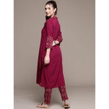 Women's Casual 3-4Th Sleeve Geometric Crepe Kurti and Pant Set (Maroon) - GillKart