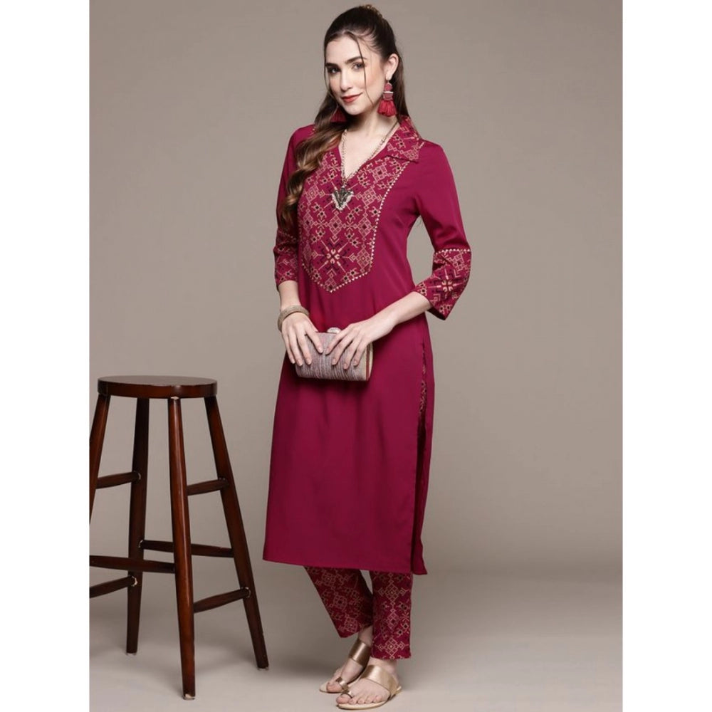 Women's Casual 3-4Th Sleeve Geometric Crepe Kurti and Pant Set (Maroon) - GillKart