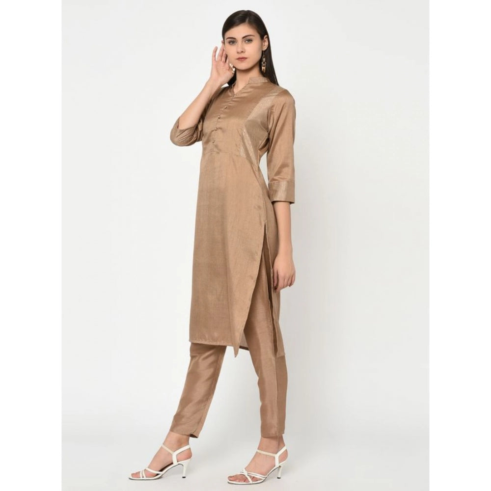 Women's Casual 3-4Th Sleeve Solid Poly Silk Kurti and Pant Set (Brown) - GillKart