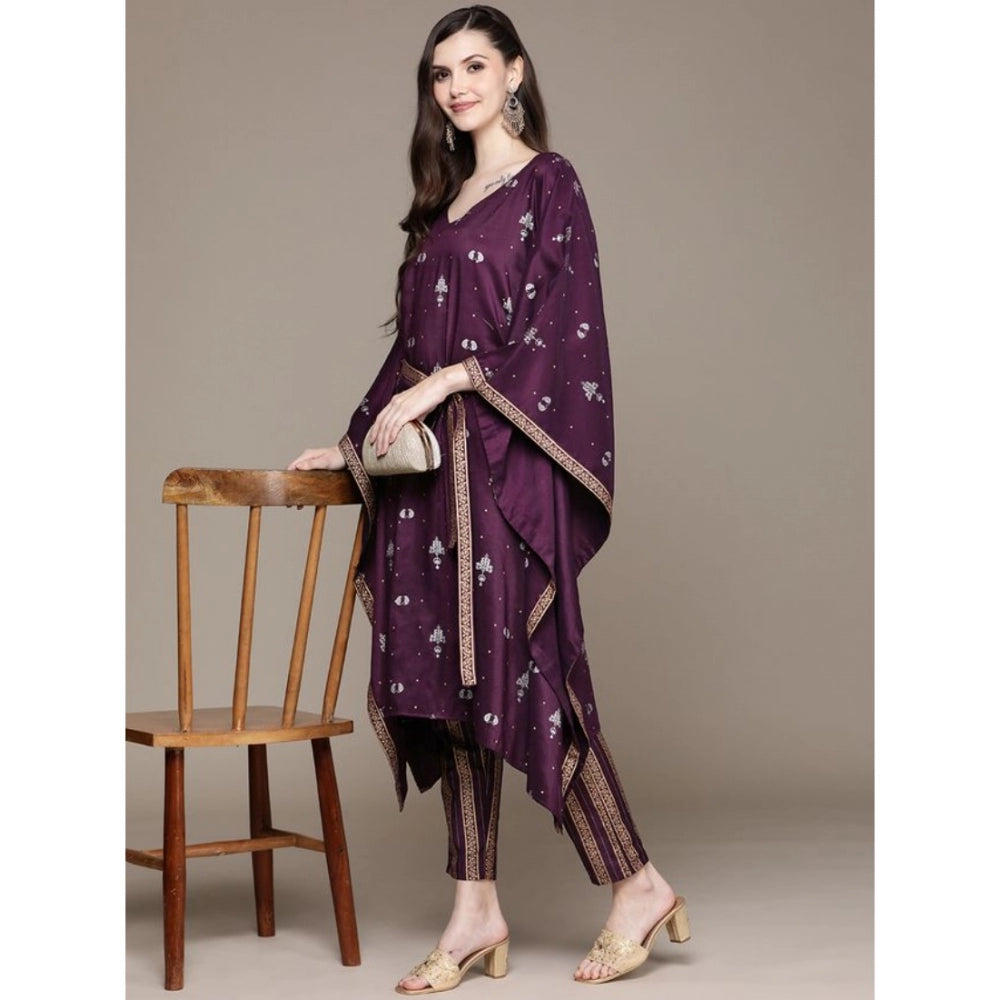 Women's Casual 3-4Th Sleeve Traditional Crepe Kurti And Pant Set (Wine) - GillKart