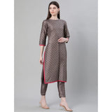 Women's Casual 3-4Th Sleeve Ethnic Motifs Poly Silk Kurti And Pant Set (Grey) - GillKart