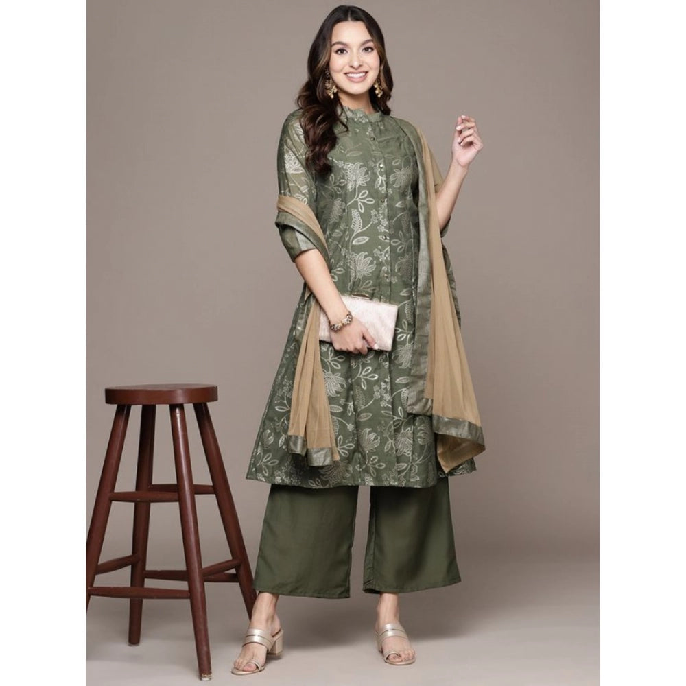 Women's Casual 3-4Th Sleeve Floral Printed Chanderi Cotton Kurti Palazzo And Dupatta Set (Green) - GillKart