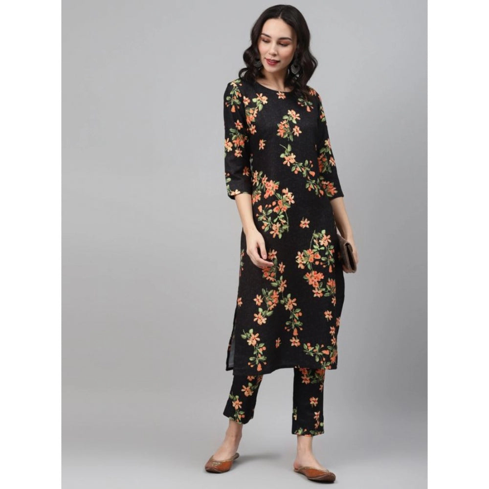 Women's Casual 3-4Th Sleeve Floral Printed Rayon Kurti And Pant Set (Black) - GillKart