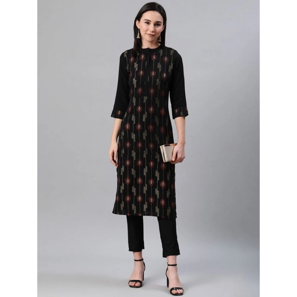 Women's Casual 3-4Th Sleeve Ethnic Motifs Rayon Kurti And Pant Set (Black) - GillKart