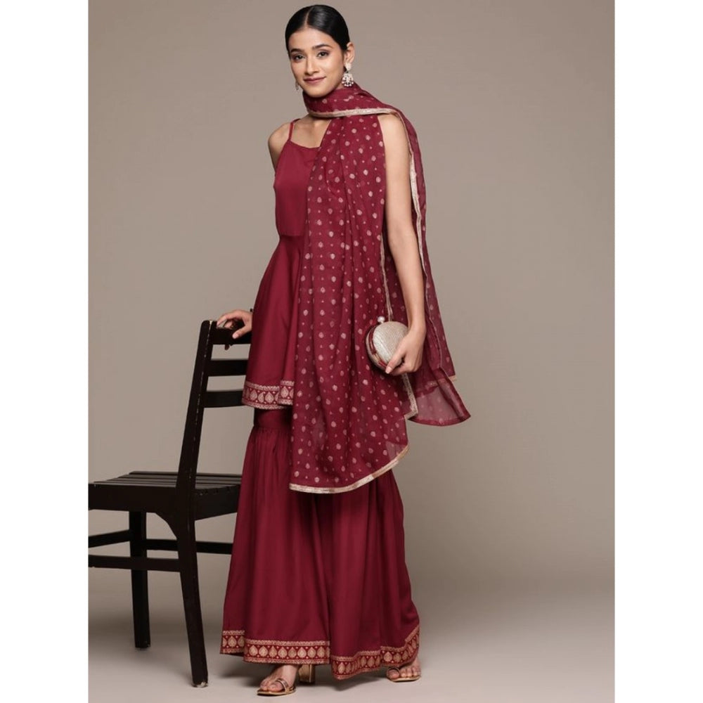 Women's Casual Sleeveless Ethnic Motifs Crepe Kurti Sharara And Dupatta Set (Maroon) - GillKart