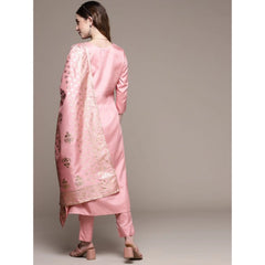 Women's Casual 3-4Th Sleeve Floral Printed Poly Silk Kurti Pant And Dupatta Set (Light Pink) - GillKart