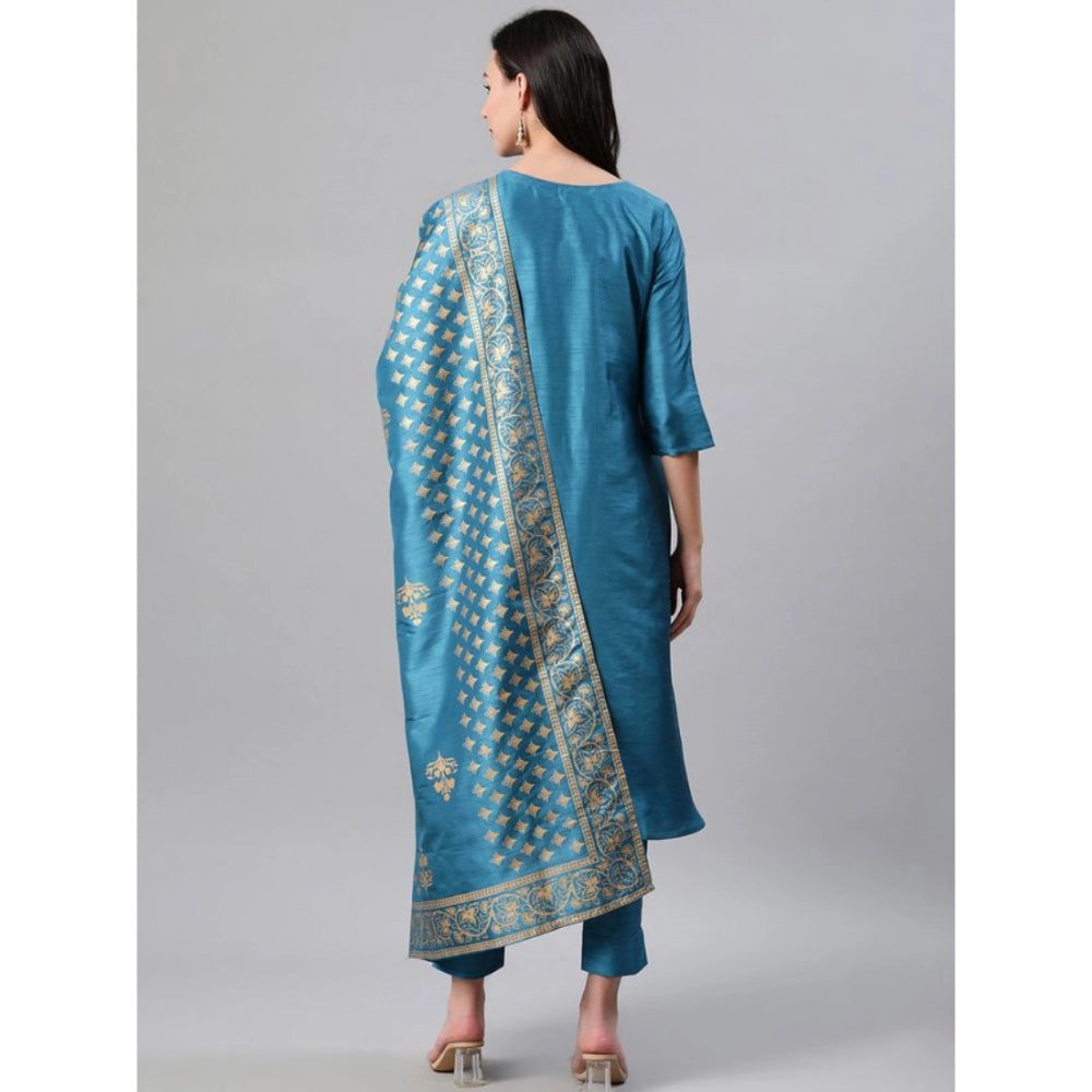 Women's Casual 3-4Th Sleeve Ethnic Motifs Poly Silk Kurti Pant And Dupatta Set (Blue) - GillKart