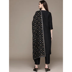 Women's Casual 3-4Th Sleeve Border Crepe Kurti Pant And Dupatta Set (Black) - GillKart