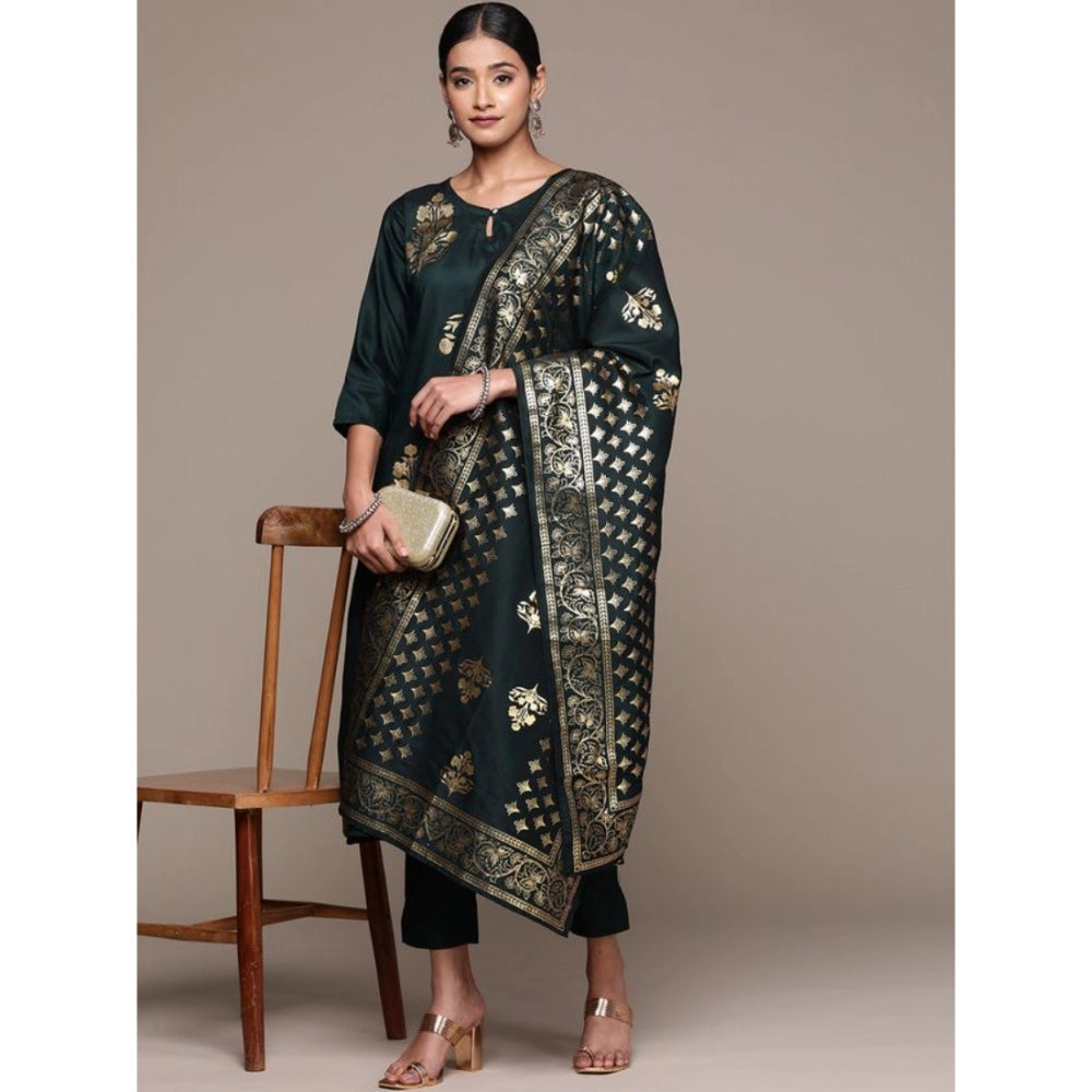 Women's Casual 3-4Th Sleeve Ethnic Motifs Chinon Kurti Pant And Dupatta Set (Bottle Green) - GillKart