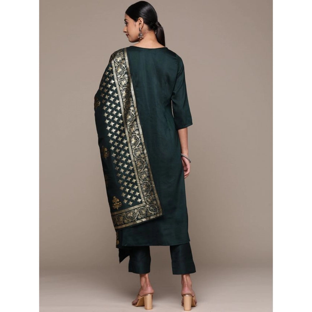 Women's Casual 3-4Th Sleeve Ethnic Motifs Chinon Kurti Pant And Dupatta Set (Bottle Green) - GillKart