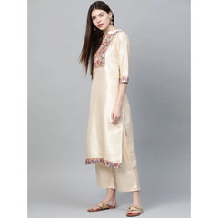 Women's Casual 3-4Th Sleeve Ethnic Motifs Poly Silk Kurti and Palazzo Set (Cream) - GillKart