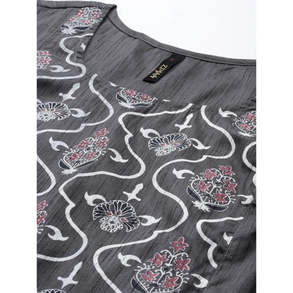 Women's Casual Sleeveless Floral Printed Poly Silk Kurti and Palazzo Set (Dark Grey) - GillKart