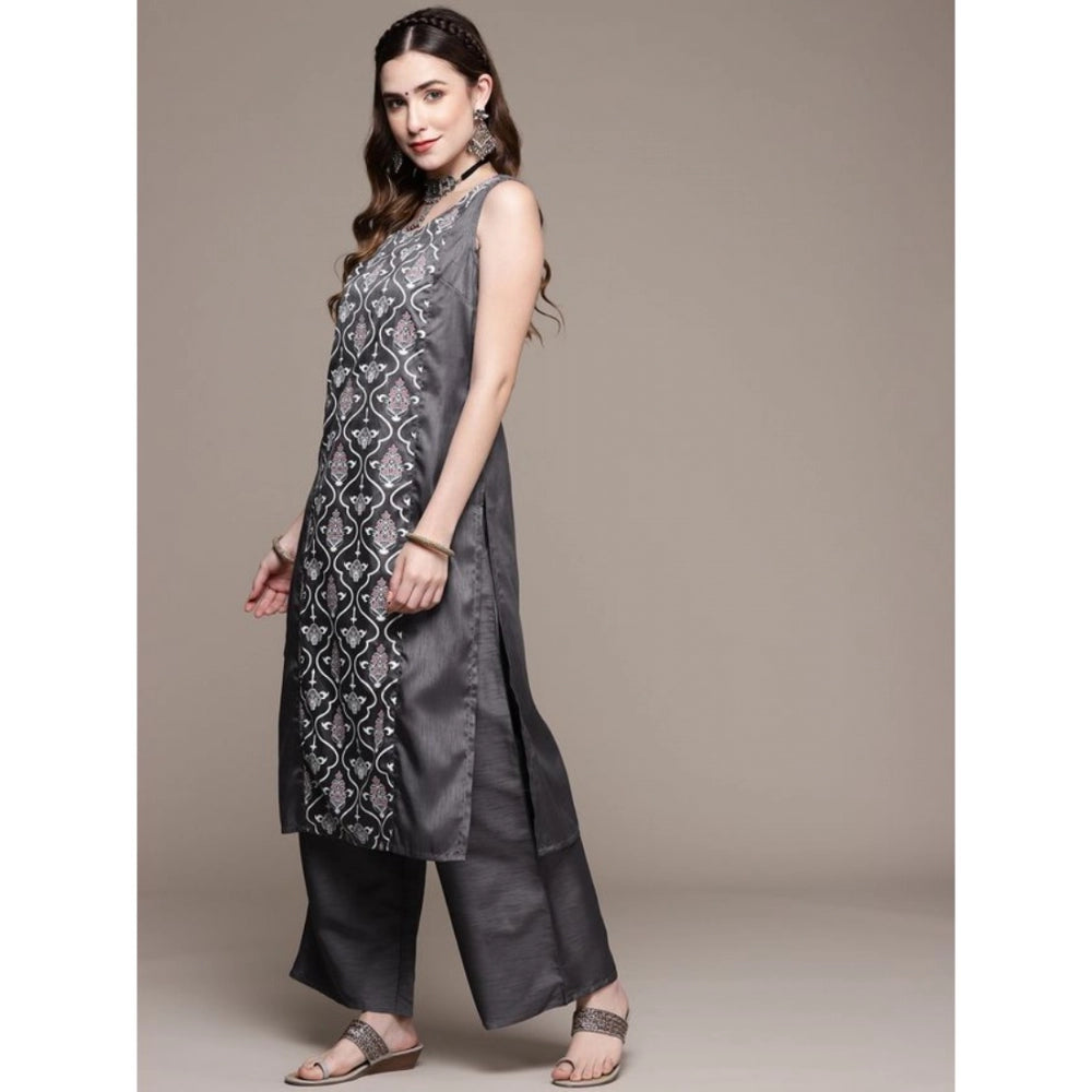 Women's Casual Sleeveless Floral Printed Poly Silk Kurti and Palazzo Set (Dark Grey) - GillKart