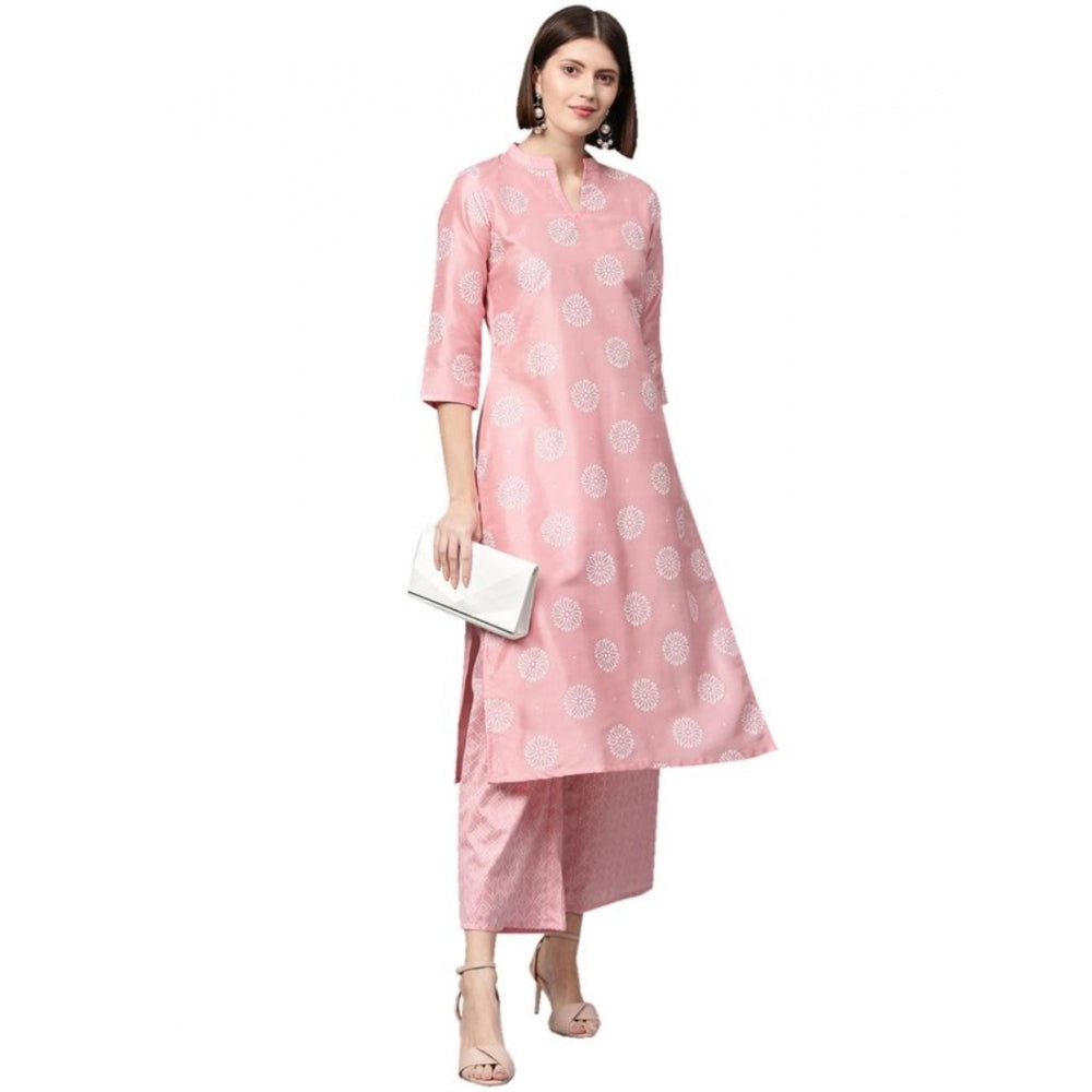 Women's Casual 3-4Th Sleeve Floral Printed Poly Silk Kurti And Palazzo Set (Pink) - GillKart