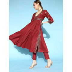 Women's Casual 3-4Th Sleeve Floral Printed Chinon Kurti And Pant Set (Maroon) - GillKart