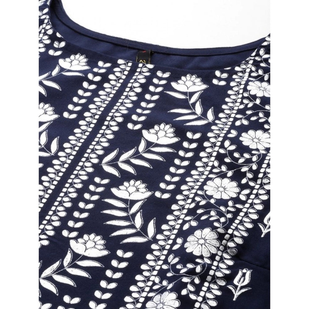 Women's Casual 3-4Th Sleeve Floral Printed Rayon Kurti and Palazzo Set (Navy Blue) - GillKart