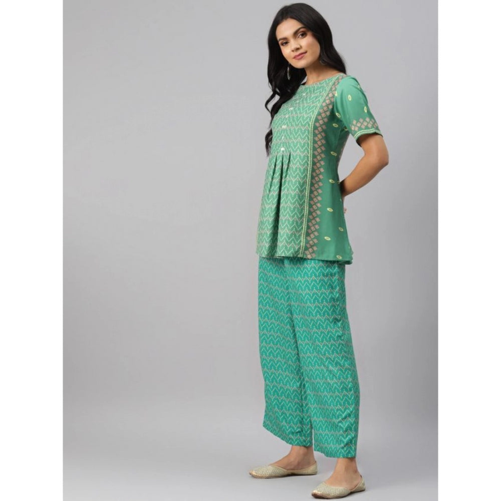 Women's Casual Half Sleeve Geometric Rayon Kurti And Palazzo Set (Green) - GillKart