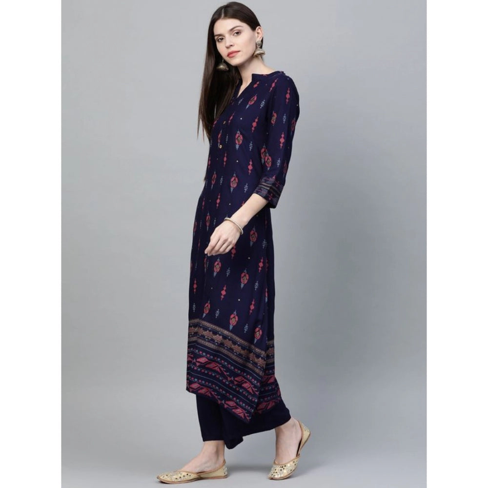 Women's Casual 3-4Th Sleeve Ikkat Rayon Kurti and Palazzo Set (Navy Blue) - GillKart