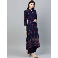 Women's Casual 3-4Th Sleeve Ikkat Rayon Kurti and Palazzo Set (Navy Blue) - GillKart