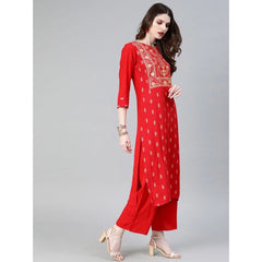 Women's Casual 3-4Th Sleeve Floral Printed Rayon Kurti and Palazzo Set (Red) - GillKart