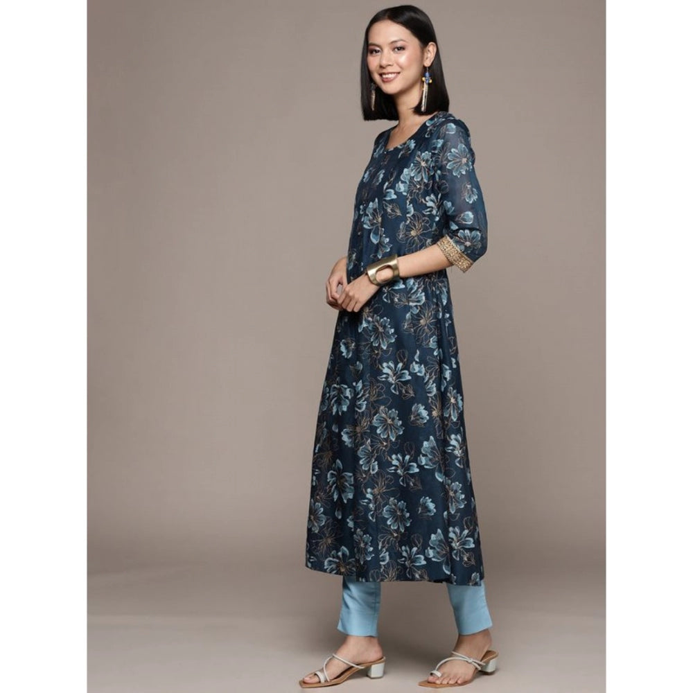 Women's Casual 3-4Th Sleeve Floral Printed Chanderi Cotton Kurti And Pant Set (Navy Blue) - GillKart