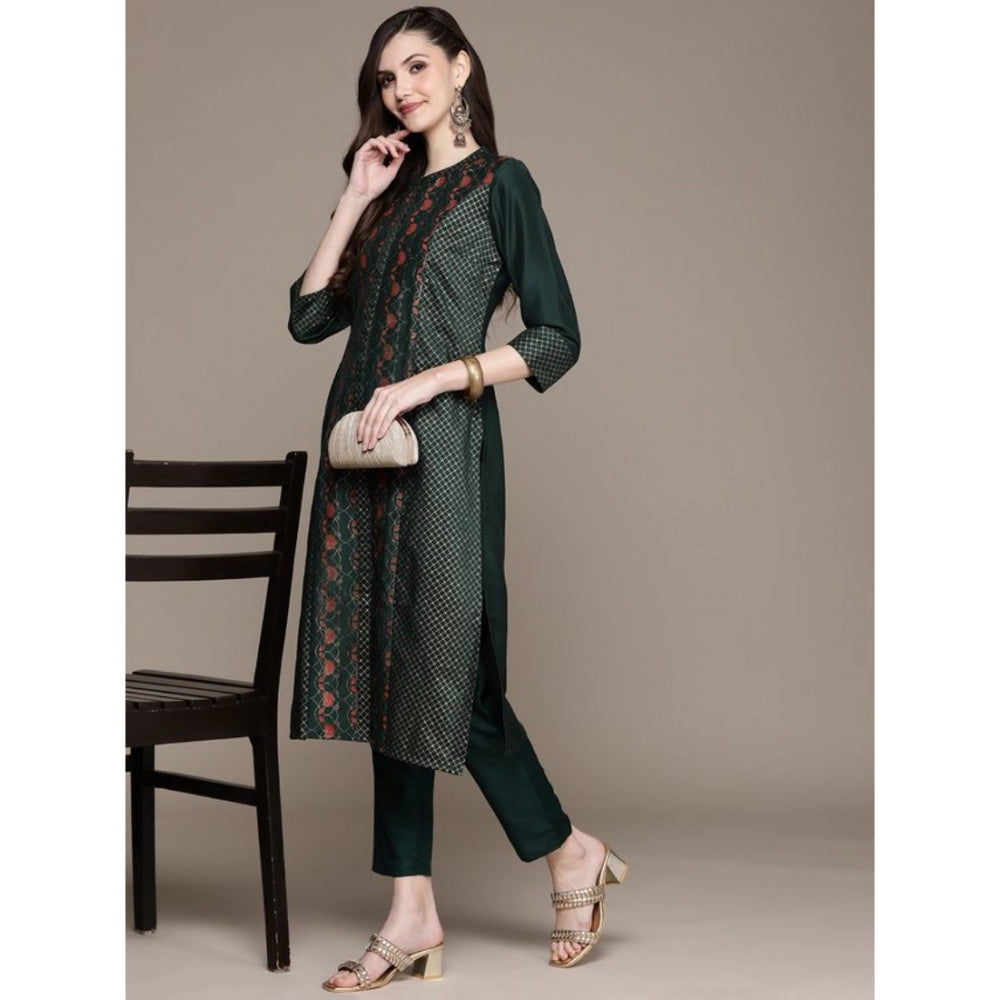 Women's Casual 3-4Th Sleeve Traditional Crepe Kurti And Pant Set (Green) - GillKart